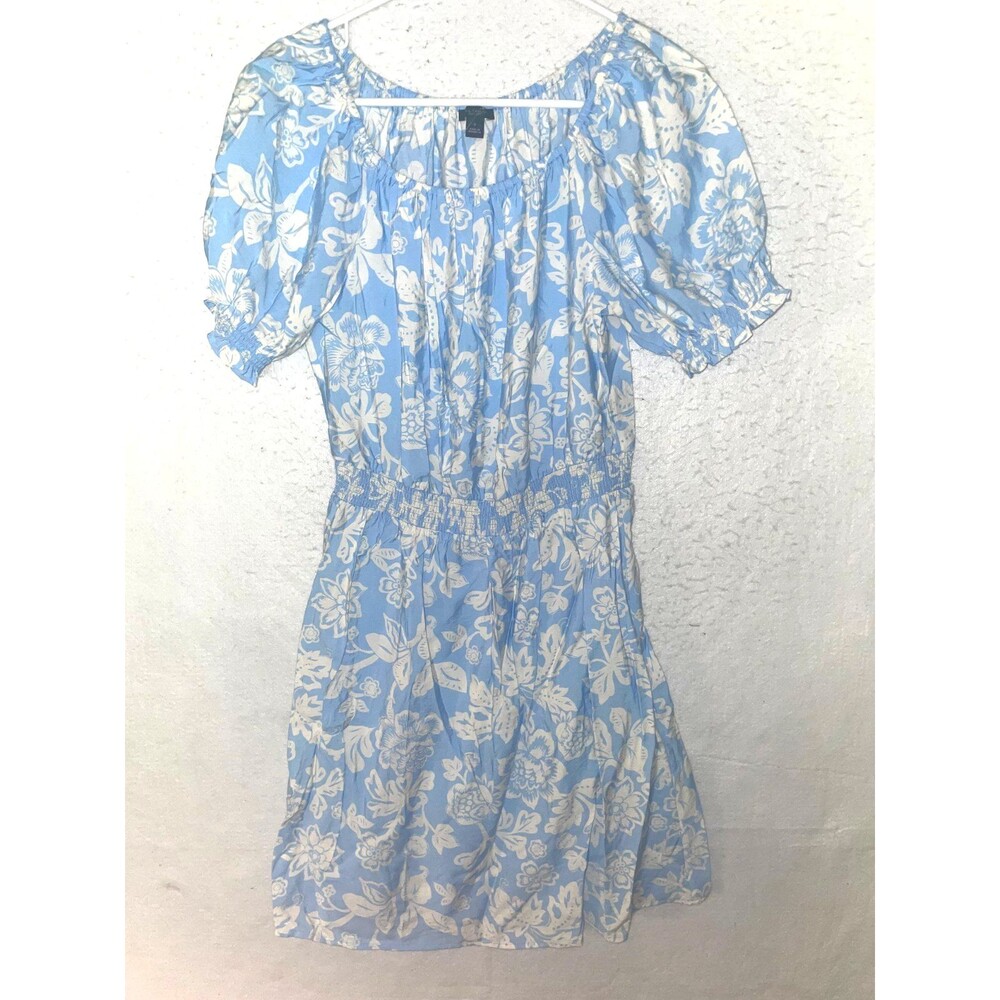 ANN TAYLOR Womens sz S Blue Floral Smocked Waist Casual Short Sleeve Dress